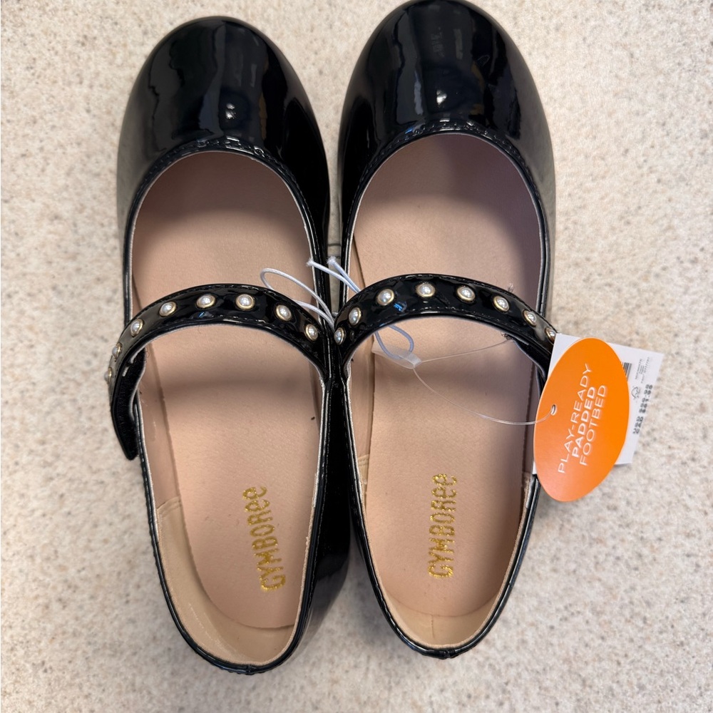 Girls Black Patent Mary Jane Flats with Pearl Strap